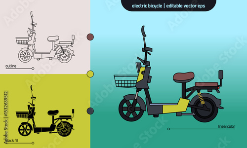 Electric bike vector icon set in three styles: outline, black fill, and lineal color. Side view illustration for infographics, transportation UI/UX, and electric mobility designs.