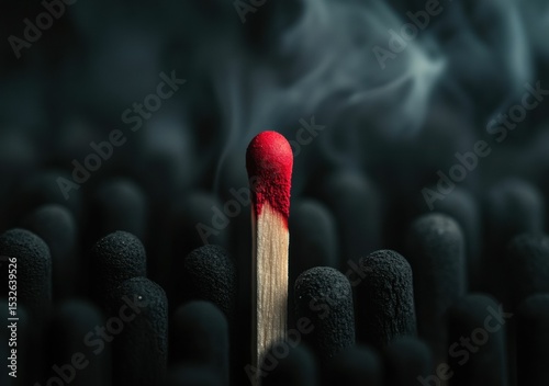 A single lit matchstick glows brightly among unlit black matchsticks, highlighting the contrast between light and darkness.