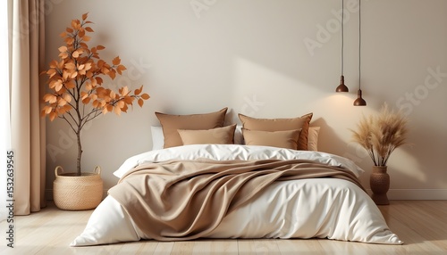 A cozy bedroom with a neutral color scheme, featuring a large bed with white linens and beige pillows