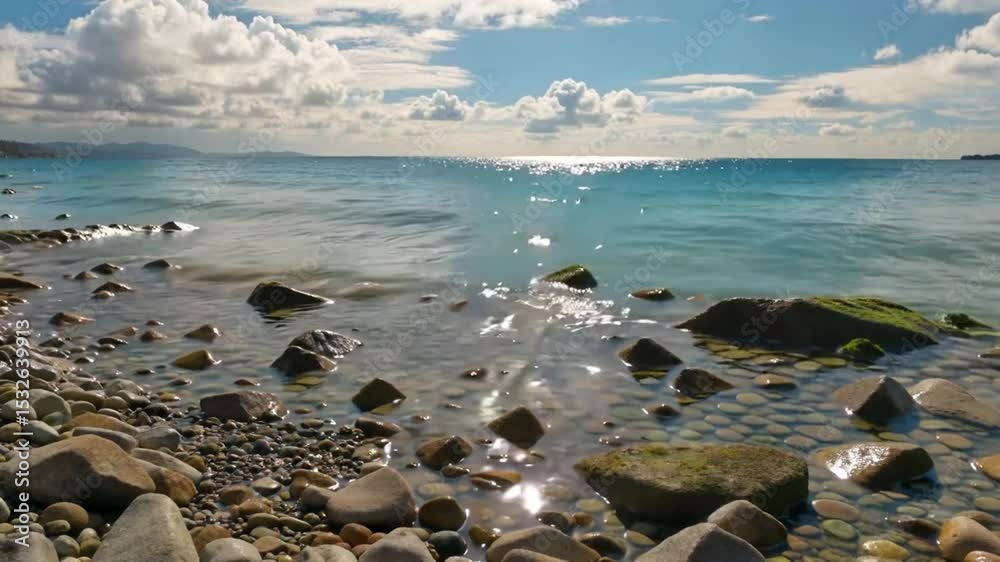 Beach pebbles, the rapid flow of clear seawater towards the shore.