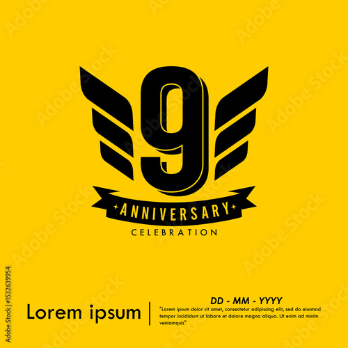 9th years anniversary celebration emblem. congratulations anniversary logo isolated with ribbon and wing on yellow background. vector illustration template design for web, flyers, poster, greeting	