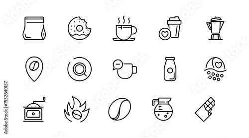 Coffee linear icon set. Latte, drink, coffee beans, roasting, breakfast, morning tea, coffee shop, mug, cup, coffee machine, sugar, caffeine, outline icon collection. UI thin vector icon pack