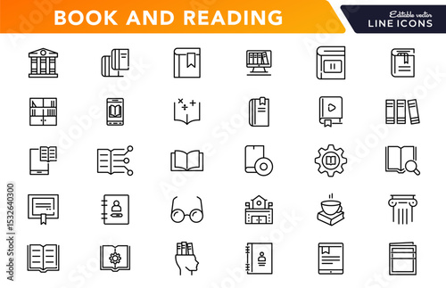 Book and reading linear icon set. knowledge, library, dictionary, ebook, school, paper, success, achievement, thinking, light bulb, genius idea outline vector icon set. UI thin line icon pack.