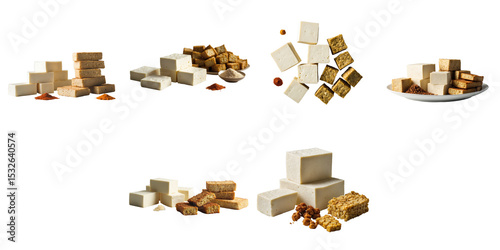 Various types of tofu and tempeh displayed on a transparent background showcasing different shapes and textures with spices arranged around the products for visual enhancement.