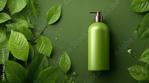 Flat lay of a green shampoo bottle mockup, surrounded by leaves on a dark background and other natural elements. Studio lighting used for product photography.