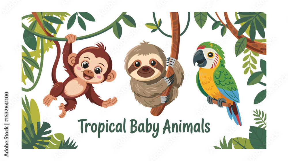 Obraz premium Cute Tropical Baby Animals: Monkey, Sloth, Parrot in Jungle Cartoon Illustration
