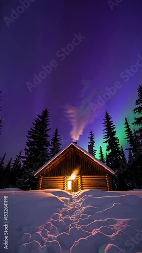Wallpaper Mural Burning wooden cabin in snowy forest, aurora borealis in the sky, warm light from window, peaceful winter night Torontodigital.ca