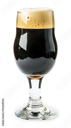 Tall glass of stout beer with thick creamy foam on white background