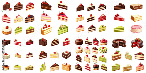 Variety of layered cakes including red velvet, vanilla, and pistachio on a transparent background featuring assorted birthday cake designs in a detailed collage format.