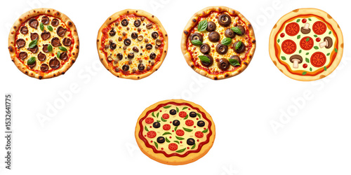collection of various pizzas topped with mushrooms pepperoni and assorted vegetables against a plain background showcasing different styles and toppings