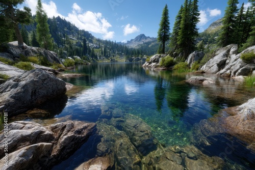Serene lake surrounded by mountains and pine trees in bright daylight