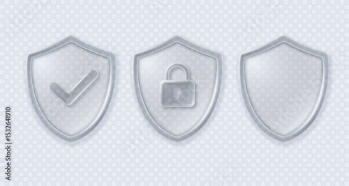 Set of shields with approval check mark and closed padlock in transparent glass style. Vector 3d illustration.