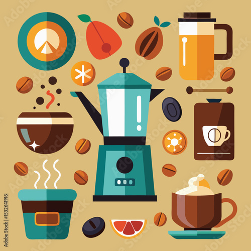 Coffee Culture Icon Set Cup Beans And Pot