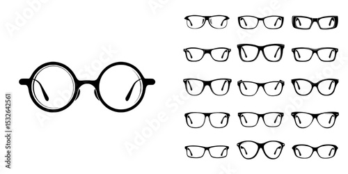 Icon of glasses, along with a set of various glasses icons, featuring a black silhouette isolated on a white background