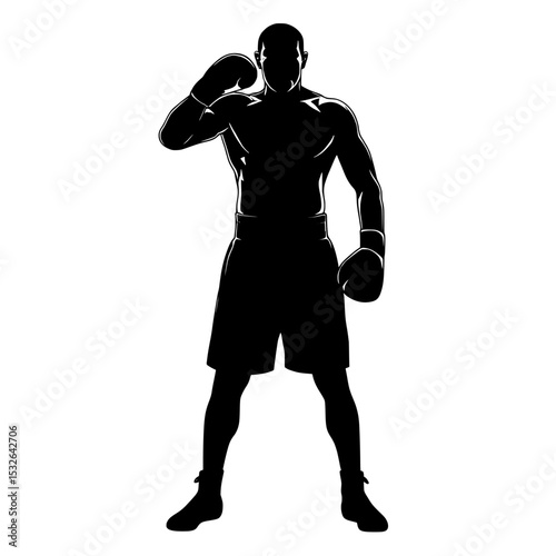A boxer posed in a modern stance has a sleek silhouette isolated on white