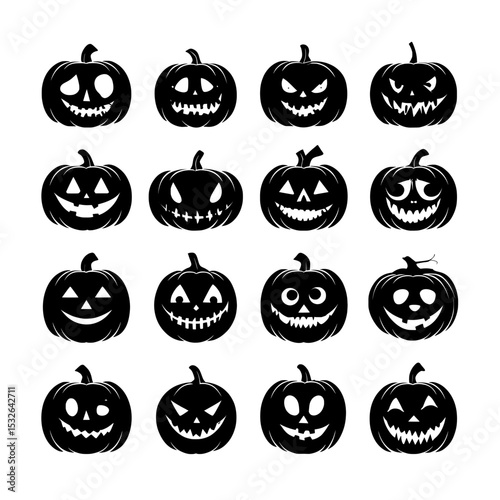 Halloween pumpkins and other icons are showcased in a set of 20 black silhouette illustrations with a modern twist