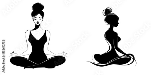 The modern icon silhouette illustration represents people doing yoga with a body logo in a fitness context, displayed in black