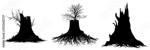 A black silhouette of an old tree stump with roots represents a modern Halloween icon, also symbolized through modern art illustrations and silhouettes of tree roots and stumps