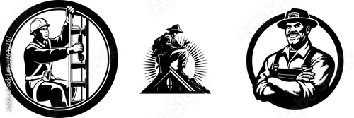 WORKER ROOFER BUNDLE COLLECTION refers to a set of logos featuring a rooder, handyman, and worker with simple silhouettes in black and white suitable for construction or roof service companies