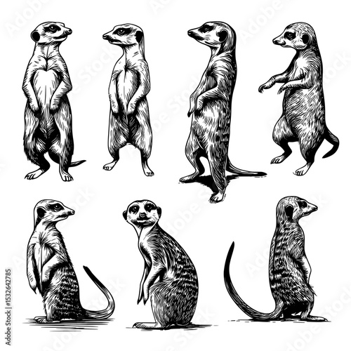 The meerkat modern illustration set showcases the animal in different poses, such as standing, walking, and observing, ideal for nature-inspired designs, educational materials, and animal lovers