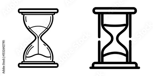 A set of icons featuring a sand watch, along with an hourglass symbol and a sandglass logo, all presented in a flat modern illustration style