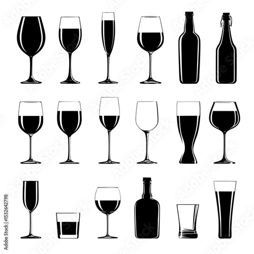 The bar set consists of silhouettes of various alcohol cocktail glasses, including black isolated glasses for wine, beer, bar bottles, and shot glasses