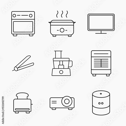 Set of minimal outline style icon representing various household and electronic appliances on a light background