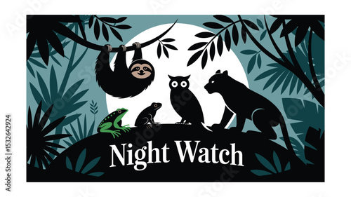 Night Watch: Jungle Animals, Sloth, Owl, Panther, Frog, Wildlife Illustration