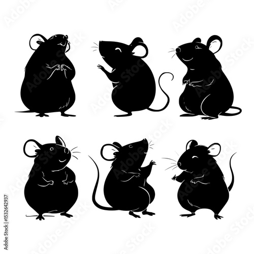 Modern illustrations of rats in black, showcasing diverse postures such as sitting, standing, and playing, from different angles