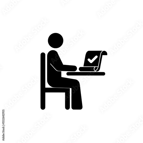 This illustration shows a person working on a laptop accompanied by a rolled-up document, a checkmark, and a handshake, perfect for themes related to business, remote work, contracts, agreements, and