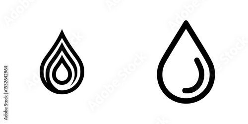 A black icon of a water drop and a collection of droplet water shapes in modern form