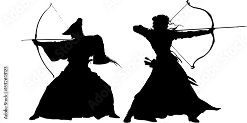 A black silhouette of a modern archer aiming a bow is set against a white background