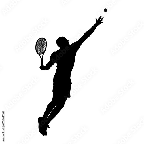 A tennis player is shown hitting a serve in a modern black silhouette set against a white background