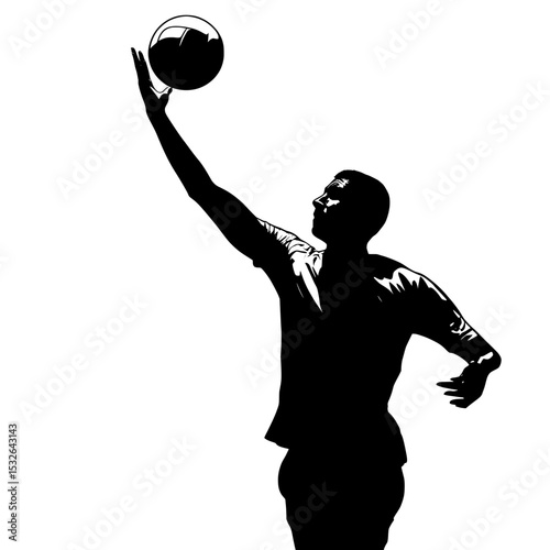 One volleyball athlete is illustrated spiking a ball in a contemporary black silhouette format on a white background