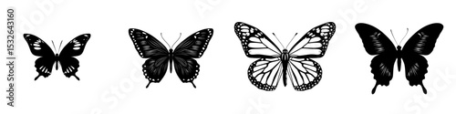 A modern butterfly silhouette in black is set against a simple white background with a contemporary icon design