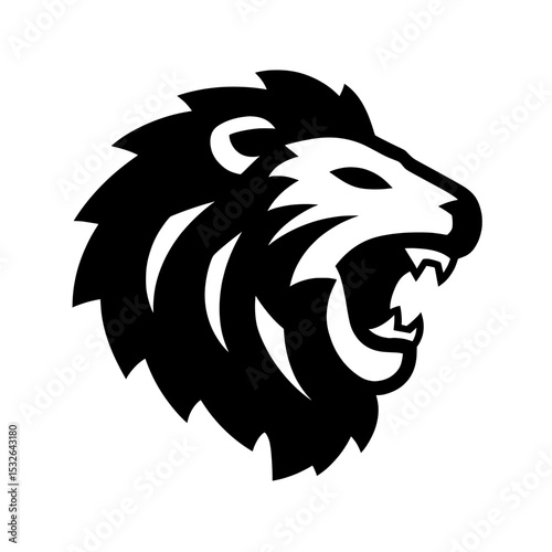 A roaring lion in black silhouette form is presented in a modern and simple design on a white background