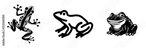 The modern frog icon design template features a hand-drawn frog silhouette in black color with a frog theme, available as a modern file