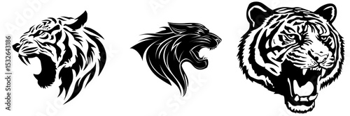 The modern icon features a black silhouette of a roaring tiger head set against a plain white background