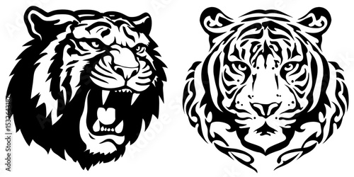 The modern tiger head is depicted in a black silhouette, set against a simple and sleek white background with a modern icon design
