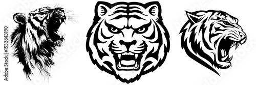 A modern black silhouette of a roaring tiger set against a simple white background forms a contemporary icon