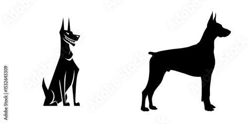 A modern simple silhouette design of a doberman pinscher dog is set against a white background