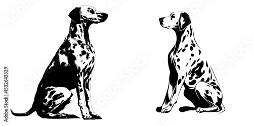 A modern icon featuring a dalmatian dog is presented in a simple silhouette with a black shape on a white background