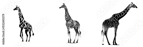 A modern giraffe is depicted in black silhouette set against a white background, symbolizing a wild animal in contemporary style