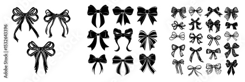 Modern set of black silhouettes on an isolated background, including ribbons, icons, and decorations, presented as silhouettes of bows on a white background