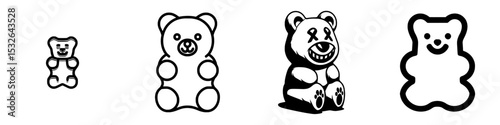 Modern black and white gummy teddy bear silhouette illustration in the form of an icon set featuring gummy bears
