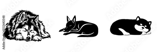 A modern icon is represented by the simple silhouette of a sleeping Akita dog in black, on a white background