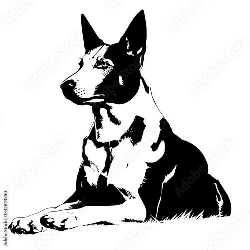 The design is modern and features a simple silhouette of a Belgian Malinois dog and a sleeping dog, both in black on a white background
