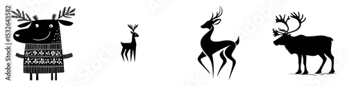 A modern silhouette of a reindeer in black is set against a simple white background with a contemporary design