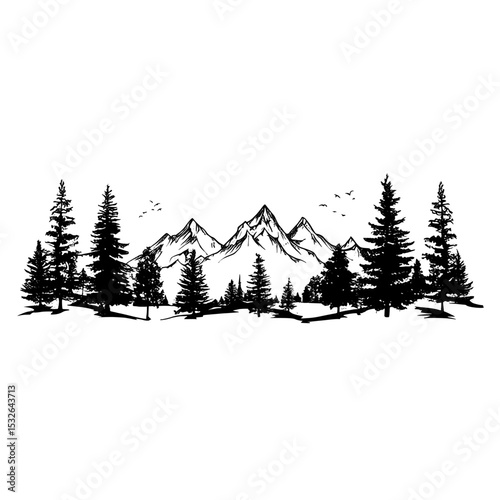 A set silhouette of a mountain landscape is defined by a high mountain skyline border
