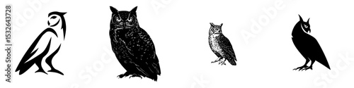 The modern owl silhouette is depicted in black with a simple design on a white background as a wild animal modern icon